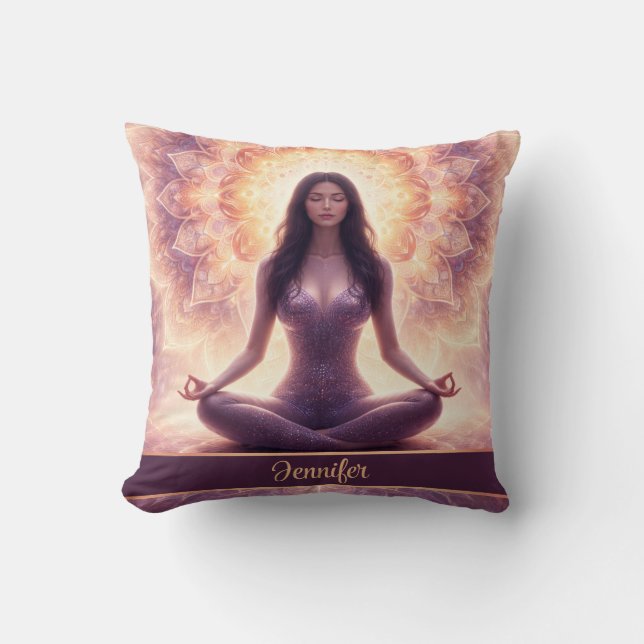 Glowing Mandala Meditation Woman Custom Name       Throw Pillow (Front)