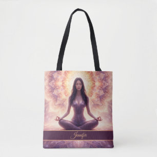 Glowing Mandala Meditation Woman Custom Name Tote Bag