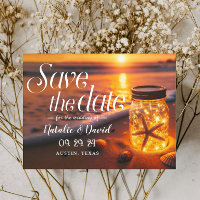 Glowing Mason Jar Sunset Beach Save the Date