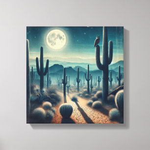 Glowing Moonlit Desert with Cactus and Fireflies Canvas Print