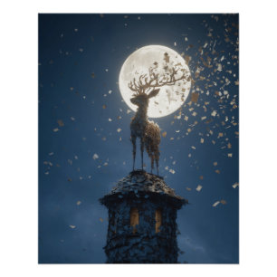 Glowing Moonlit Stag on Tower Peak Poster