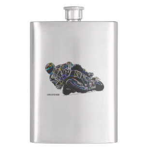 Glowing Motorcycle Rider Circle Racing Sketch Hip Flask