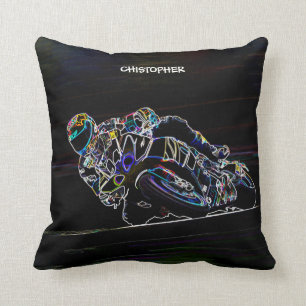 Glowing Motorcycle Rider Circle Racing Sketch Throw Pillow