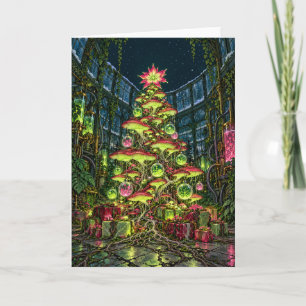 Glowing Mushroom Christmas Tree Biopunk Holiday Card