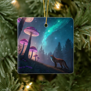 Glowing Mushroom Forest Fox Fantasy Art Ceramic Ornament