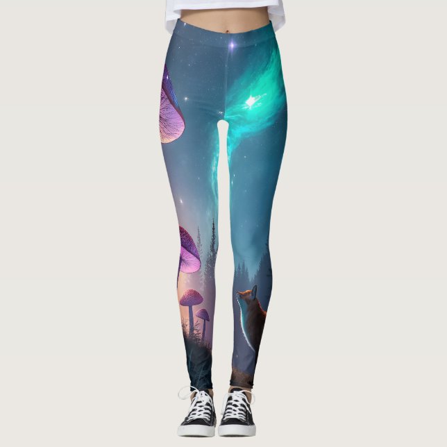 Glowing Mushroom Forest Fox Fantasy Art Leggings (Front)