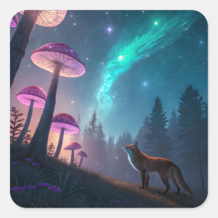 Glowing Mushroom Forest Fox Fantasy Art Square Sticker