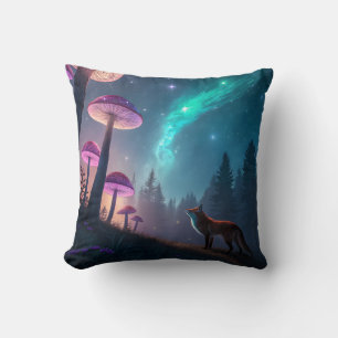 Glowing Mushroom Forest Fox Fantasy Art Throw Pillow