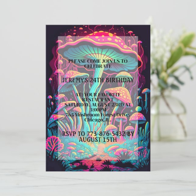 Glowing Mushroom Forest Print Birthday Party Invitation (Standing Front)
