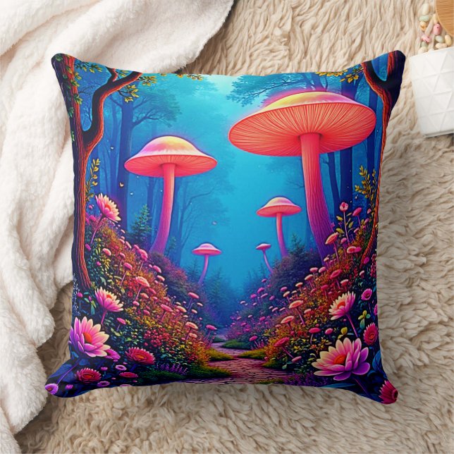 Glowing Mushroom Magic Throw Pillow (Blanket)