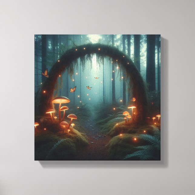 Glowing Mushroom Portal in Misty Twilight Forest Canvas Print (Front)