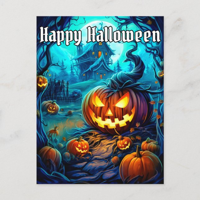 Glowing Nefarious Happy Halloween Pumpkin Postcard (Front)