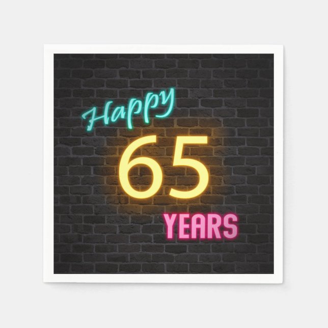 glowing neon 65 sign on brick wall napkin (Front)
