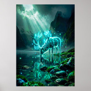 Glowing Neon Cyan Ethereal Spirit Stag Fantasy Poster