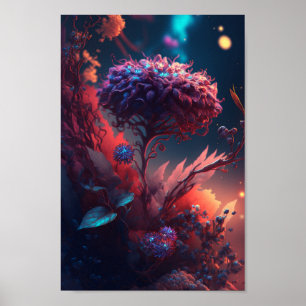 Glowing Neon Floral Fantasy Art Poster