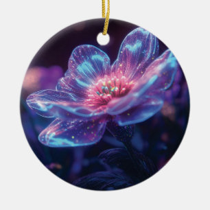 "Glowing Neon Flowers – Enchanting Cosmic Florals Ceramic Ornament