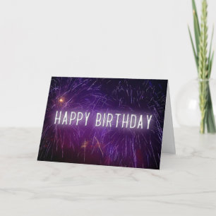 glowing neon happy birthday in fireworks card