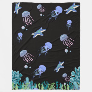 Glowing Neon Jellyfish & Starfish Underwater World Fleece Blanket