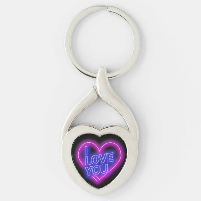 Glowing Neon Look Pink Blue Valentine Heart Keychain (Front)