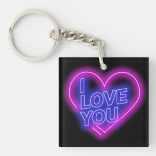 Glowing Neon Look Pink Blue Valentine Heart Square Keychain