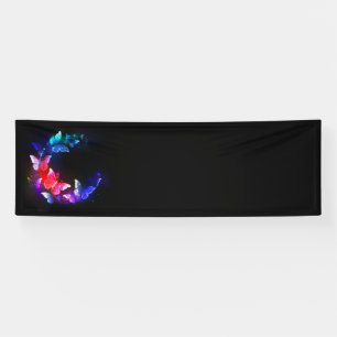 Glowing Neon Night Butterflies on Black background Banner