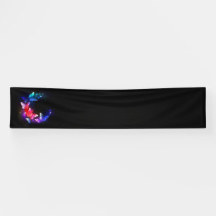 Glowing Neon Night Butterflies on Black background Banner