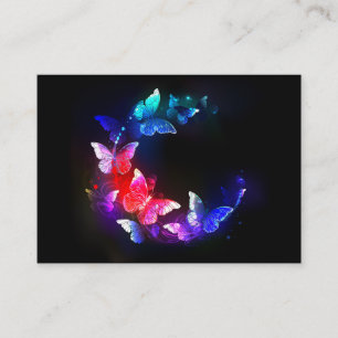 Glowing Neon Night Butterflies on Black background Business Card