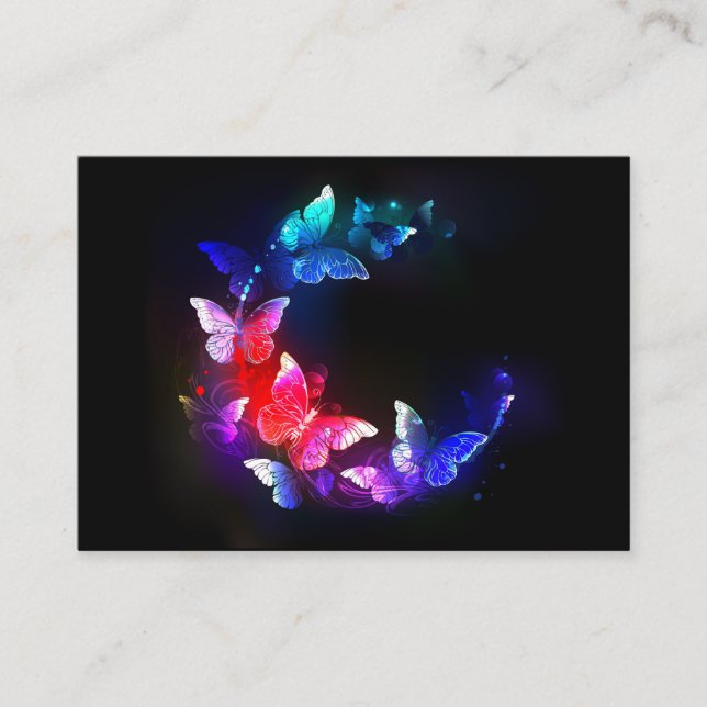 Glowing Neon Night Butterflies on Black background Business Card (Front)