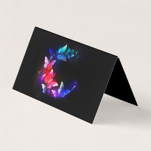 Glowing Neon Night Butterflies on Black background Business Card
