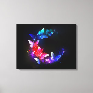 Glowing Neon Night Butterflies on Black background Canvas Print