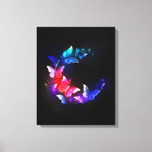Glowing Neon Night Butterflies on Black background Canvas Print