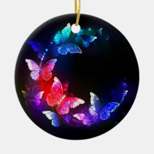 Glowing Neon Night Butterflies on Black background Ceramic Ornament