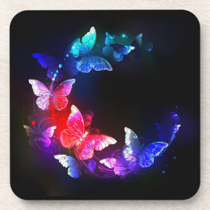 Glowing Neon Night Butterflies on Black background Coaster