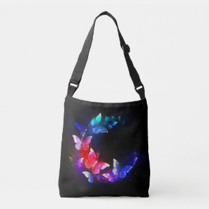 Glowing Neon Night Butterflies on Black background Crossbody Bag