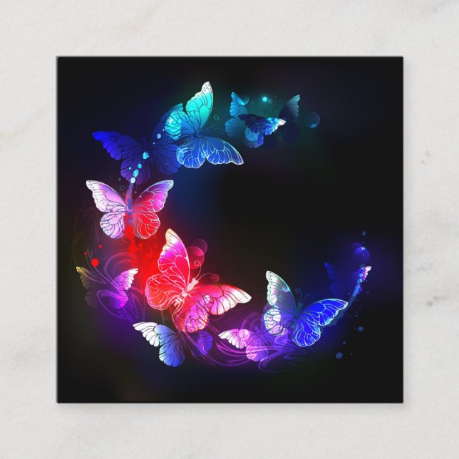 Glowing Neon Night Butterflies on Black background Discount Card (Front)