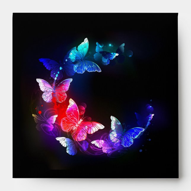 Glowing Neon Night Butterflies on Black background Envelope (Front)
