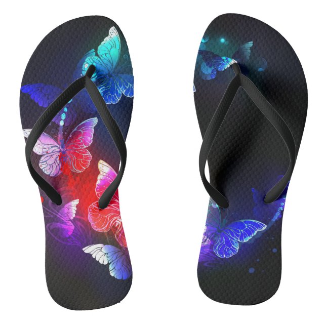Glowing Neon Night Butterflies on Black background Flip Flops (Footbed)