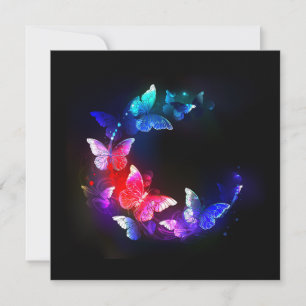 Glowing Neon Night Butterflies on Black background Holiday Card