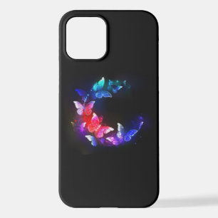Glowing Neon Night Butterflies on Black background iPhone 12 Case