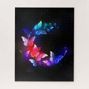 Glowing Neon Night Butterflies on Black background Jigsaw Puzzle