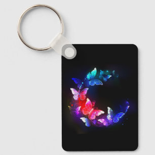 Glowing Neon Night Butterflies on Black background Keychain