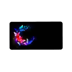 Glowing Neon Night Butterflies on Black background Label