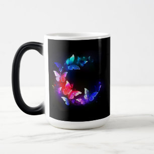 Glowing Neon Night Butterflies on Black background Magic Mug