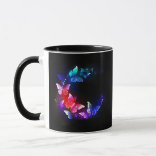 Glowing Neon Night Butterflies on Black background Mug