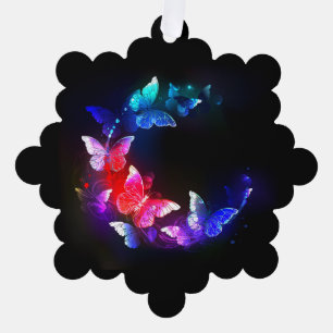 Glowing Neon Night Butterflies on Black background Ornament Card
