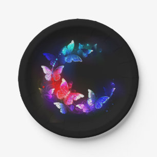 Glowing Neon Night Butterflies on Black background Paper Plate
