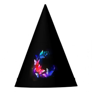Glowing Neon Night Butterflies on Black background Party Hat