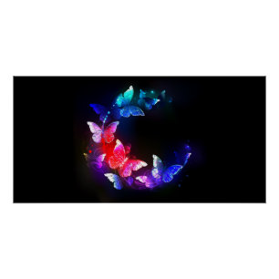 Glowing Neon Night Butterflies on Black background Poster