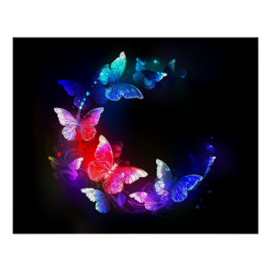 Glowing Neon Night Butterflies on Black background Poster