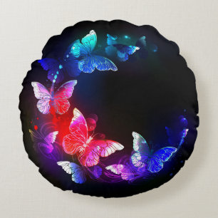 Glowing Neon Night Butterflies on Black background Round Pillow